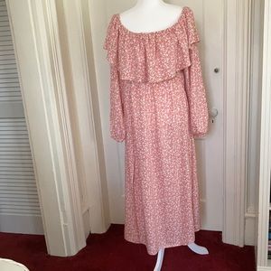 Boho, cottage core, maxi dress, sweet white flower print on dusty Rose, size 2XL